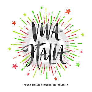 Italian republic day hand drawn illustration. Brush lettering greeting and colorful fireworks burst